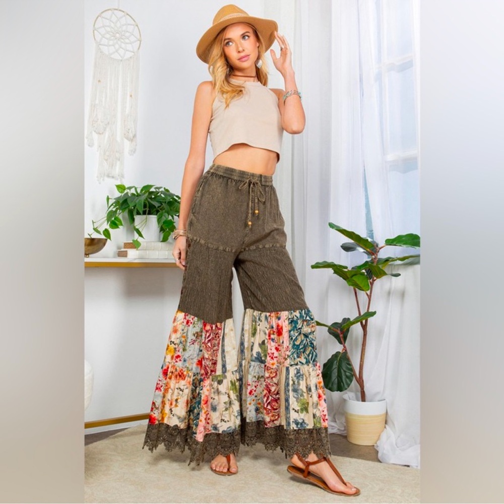 Women’s Boho Gorgeous Embroidered Patchwork Pants W/Lace on bottom